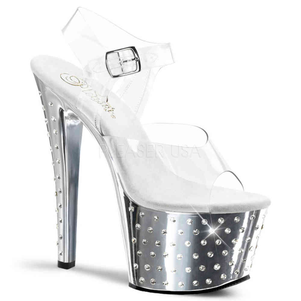 Pleaser - STARDUST-708 Knöchelriemen-Sandale, Poledance Schuhe - Pole dance schuhe - Silberfarben